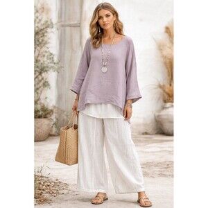 Women's Flax 100% Linen Long Sleeve Purple Flowy Blouse Size Large Lagenlook